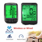 Two bicycle computer devices with green screens displaying various metrics, labeled 'Wireless or Wired'.