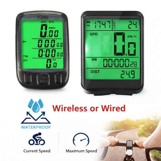 Two bicycle computer devices with green screens displaying various metrics, labeled 'Wireless or Wired'.