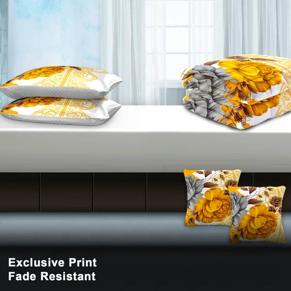 5 Piece Gold Gray Floral Quilt Set Bedspread Pillow Shams Cushion Covers Queen