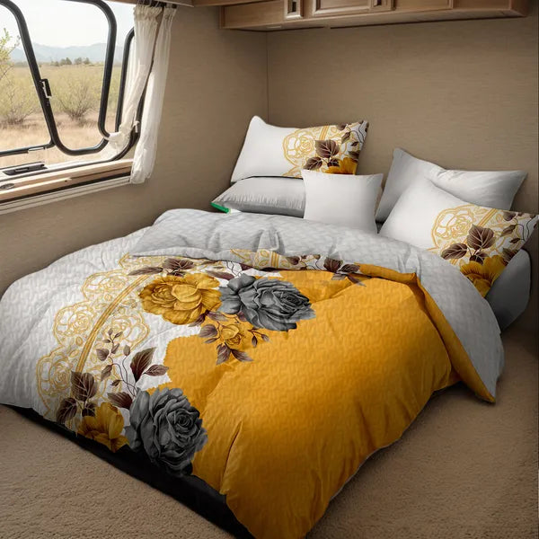 5 Piece Gold Gray Floral Quilt Set Bedspread Pillow Shams Cushion Covers Queen