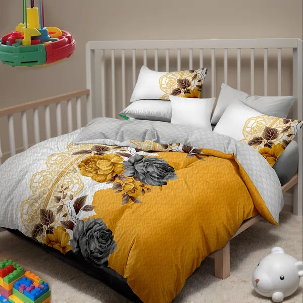 5 Piece Gold Gray Floral Quilt Set Bedspread Pillow Shams Cushion Covers Queen