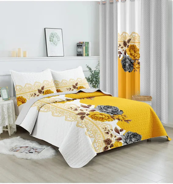 5 Piece Gold Gray Floral Quilt Set Bedspread Pillow Shams Cushion Covers Queen