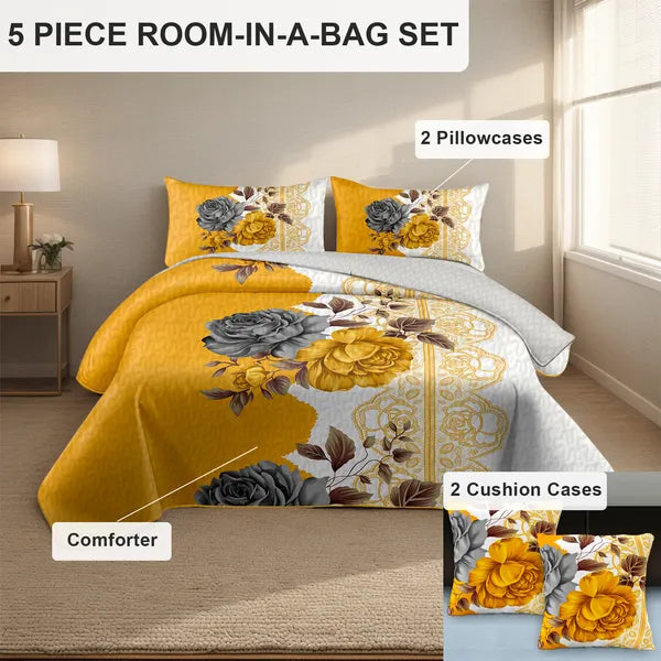 5 Piece Gold Gray Floral Quilt Set Bedspread Pillow Shams Cushion Covers Queen