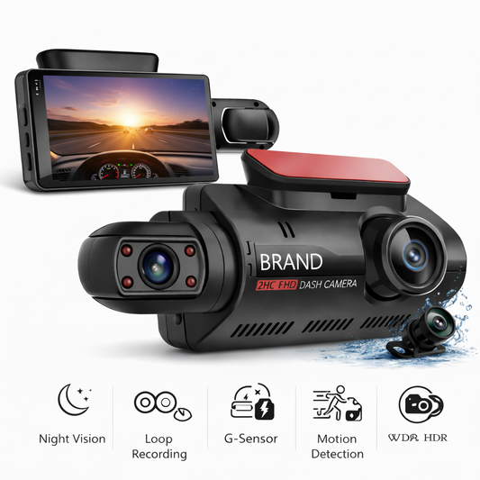 Car dashboard camera with features highlighted on a white background