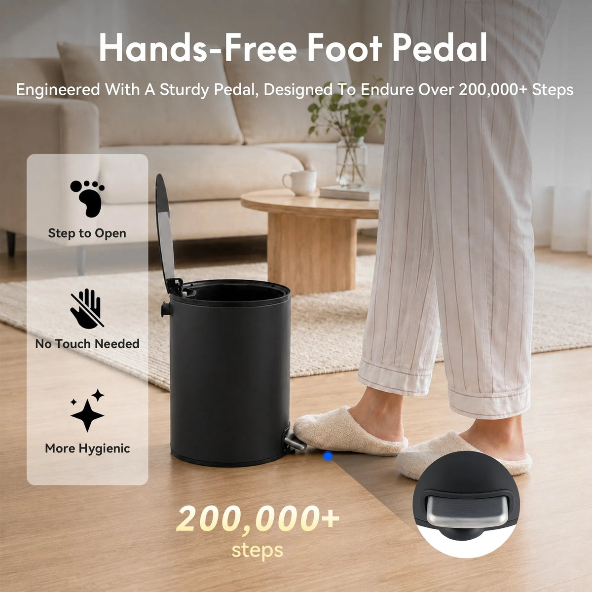 5L Small Bathroom Trash Can Black Stainless Steel Step Pedal Lid Removable Bucket