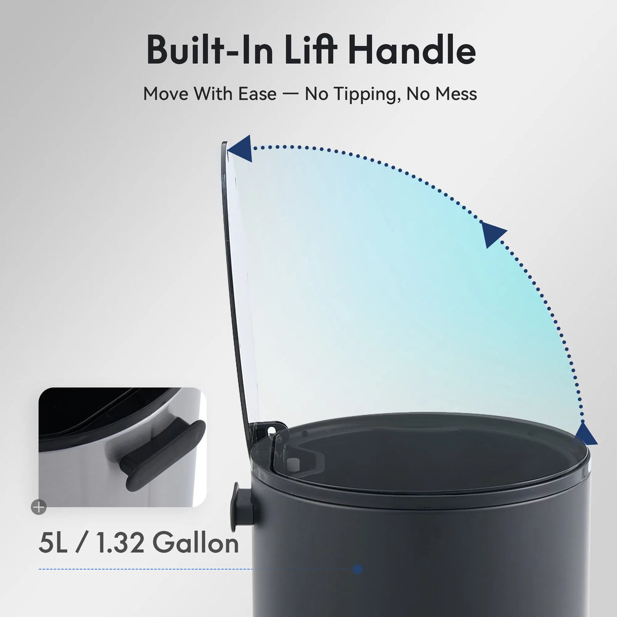 5L Small Bathroom Trash Can Black Stainless Steel Step Pedal Lid Removable Bucket