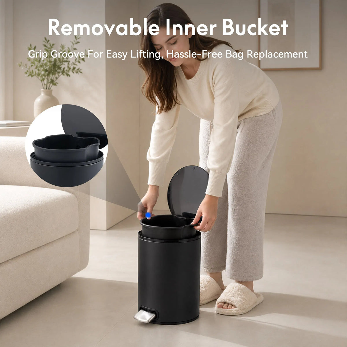 5L Small Bathroom Trash Can Black Stainless Steel Step Pedal Lid Removable Bucket