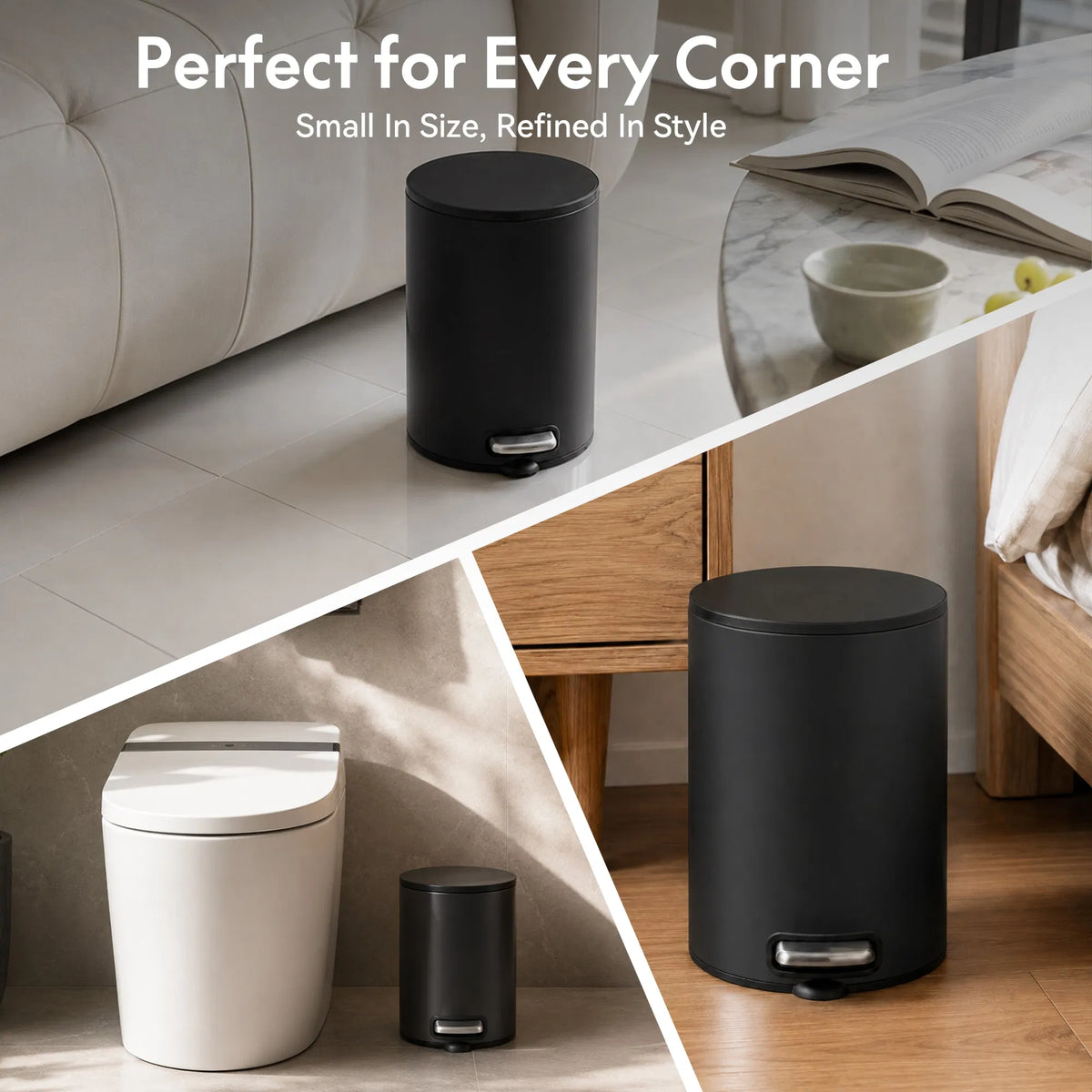 5L Small Bathroom Trash Can Black Stainless Steel Step Pedal Lid Removable Bucket
