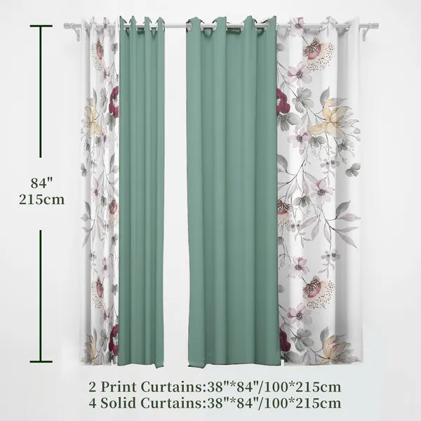 6 Panel Window Curtain Set Sage Green Floral Drapes 38x84 Light Filtering Grommet