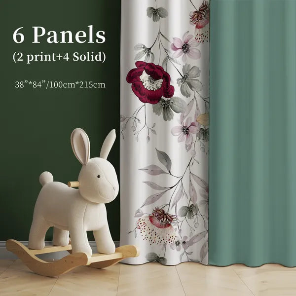 6 Panel Window Curtain Set Sage Green Floral Drapes 38x84 Light Filtering Grommet