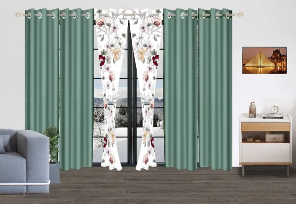 6 Panel Window Curtain Set Sage Green Floral Drapes 38x84 Light Filtering Grommet