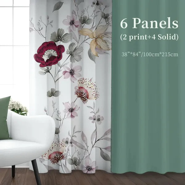 6 Panel Window Curtain Set Sage Green Floral Drapes 38x84 Light Filtering Grommet