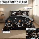 6 Piece Bed in a Bag Comforter Set Black Geometry Cooling Sheet Shams King Cal