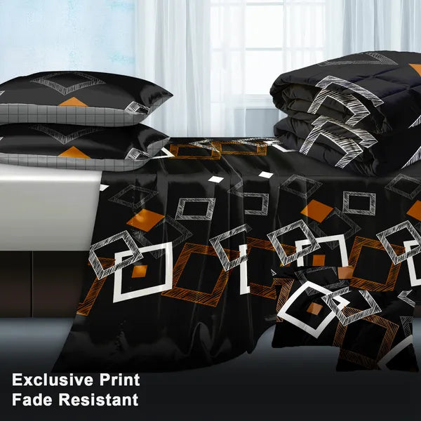 6 Piece Bed in a Bag Comforter Set Black Geometry Cooling Sheet Shams King Cal