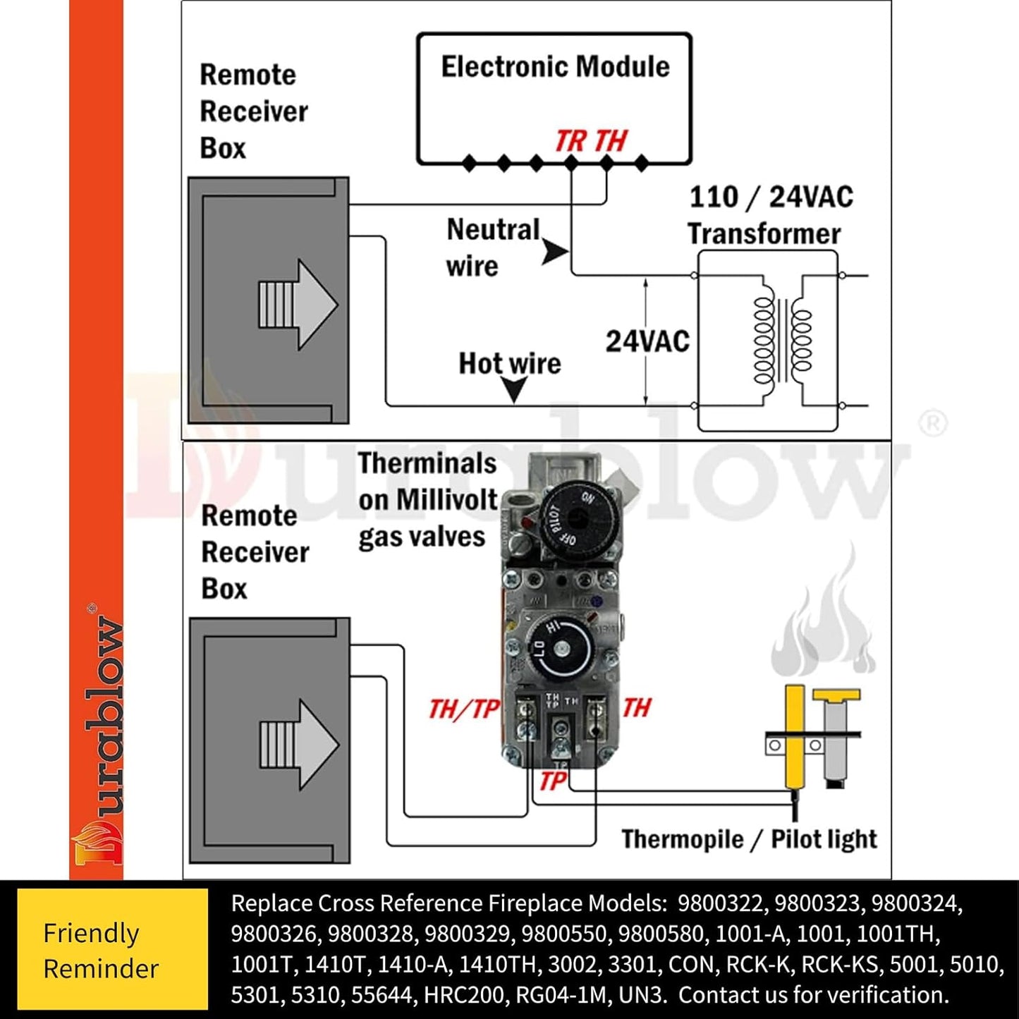 Durablow TR1003 Gas Fireplace Remote Control Kit Thermostat Timer For Millivolt