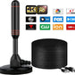 TV antenna with coaxial cable and cable channel logos on a white background