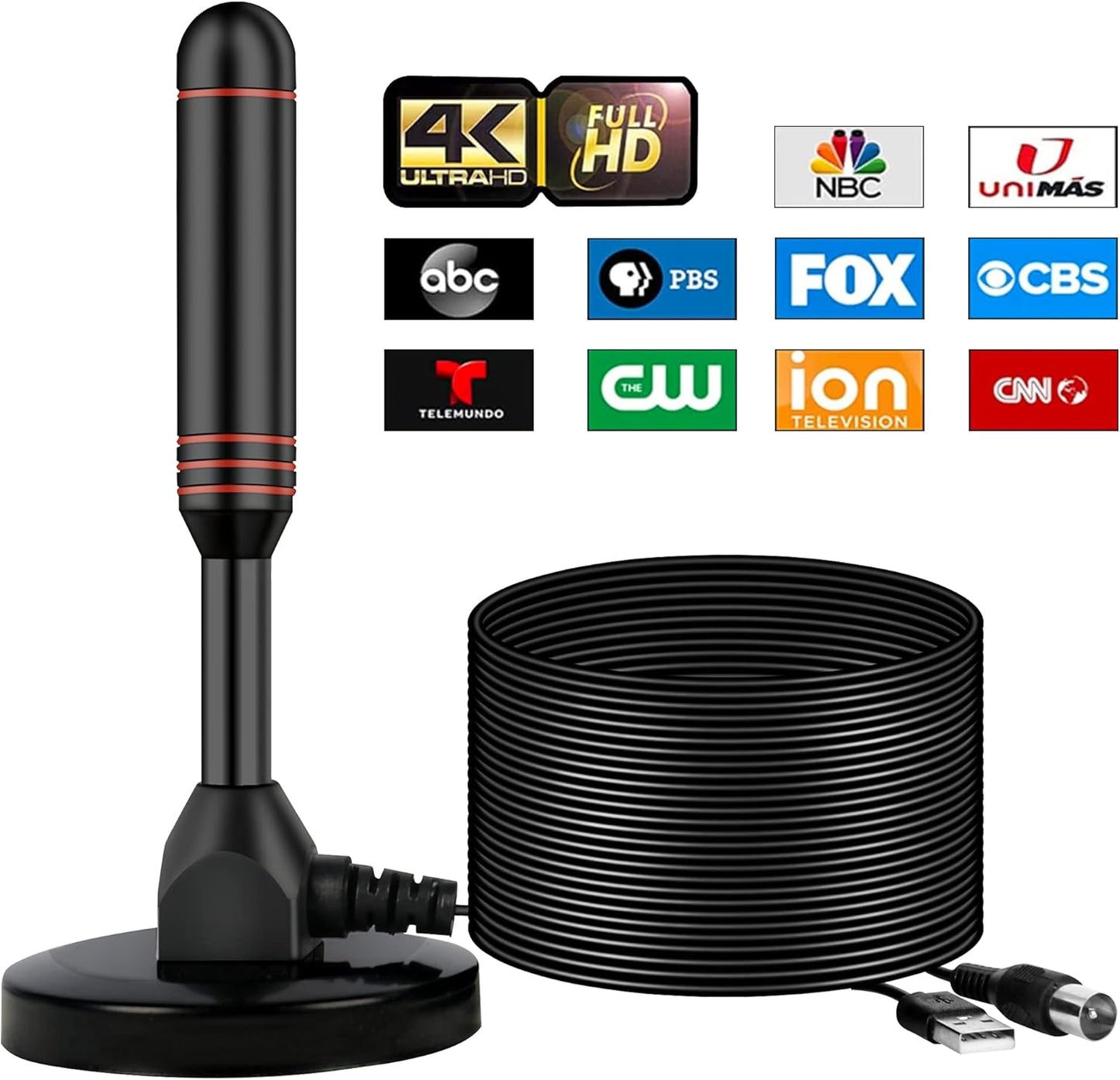 TV antenna with coaxial cable and cable channel logos on a white background