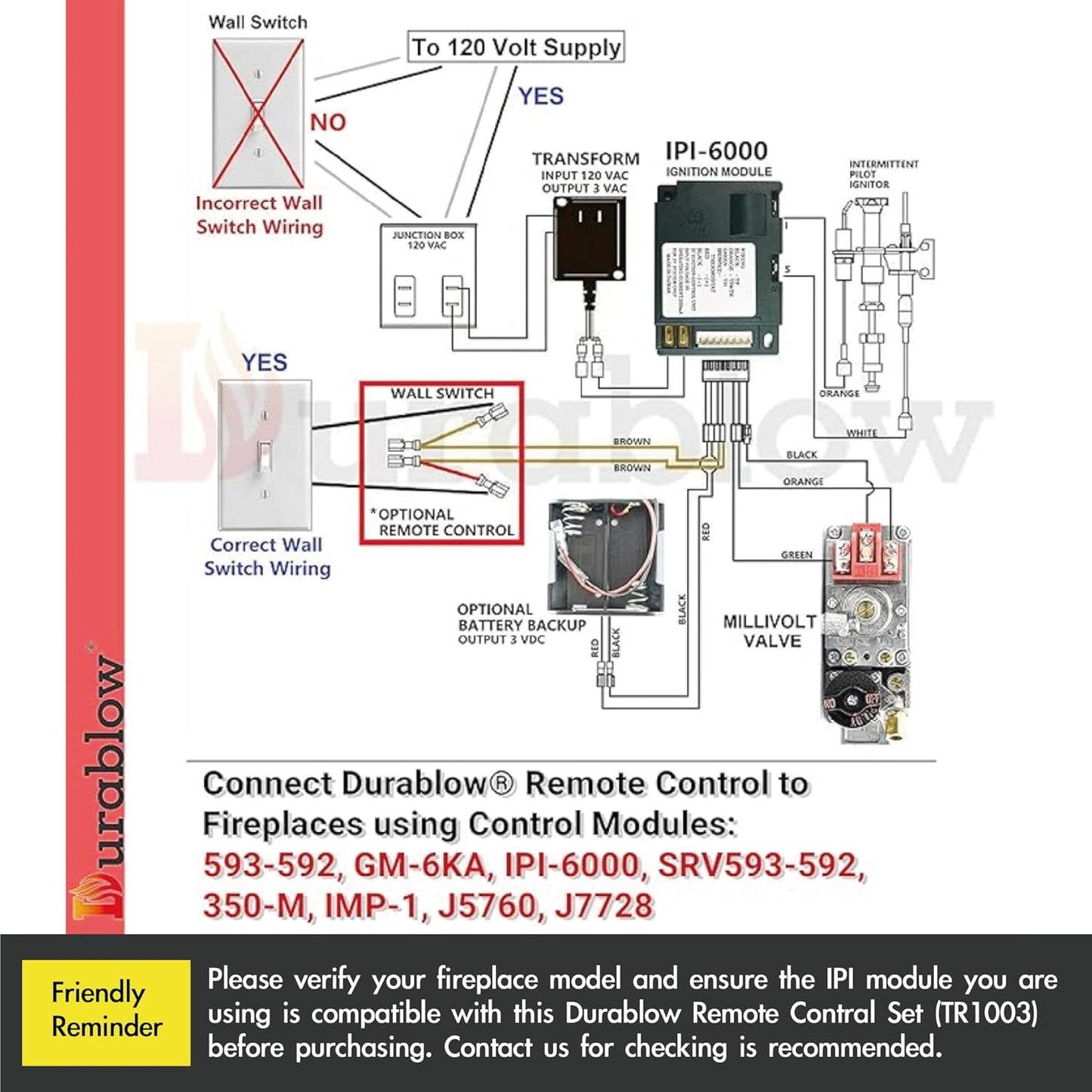 Durablow TR1003 Gas Fireplace Remote Control Kit Thermostat Timer For Millivolt