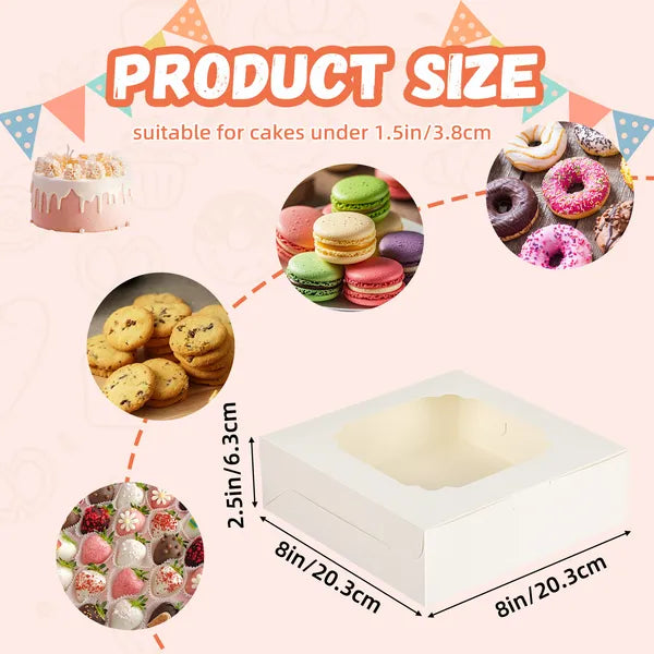 60 Pack Bakery Boxes with Window 8x8x2.5 White Cookie Pastry Donut Boxes