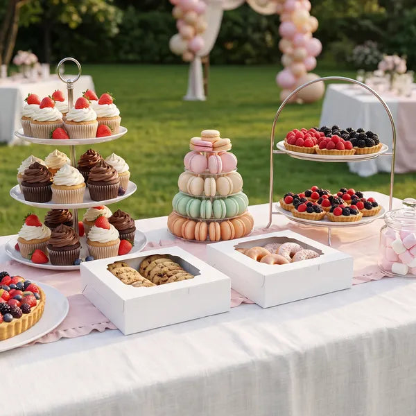 60 Pack Bakery Boxes with Window 8x8x2.5 White Cookie Pastry Donut Boxes