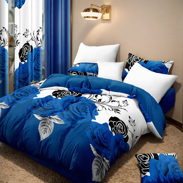 9 Piece Blue Rose Floral Bedspread Curtain Set Queen King Cal King Bedding