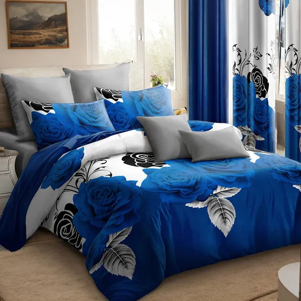 9 Piece Blue Rose Floral Bedspread Curtain Set Queen King Cal King Bedding
