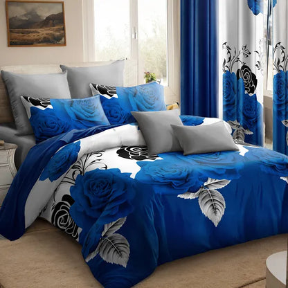 9 Piece Blue Rose Floral Bedspread Curtain Set Queen King Cal King Bedding