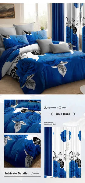 9 Piece Blue Rose Floral Bedspread Curtain Set Queen King Cal King Bedding