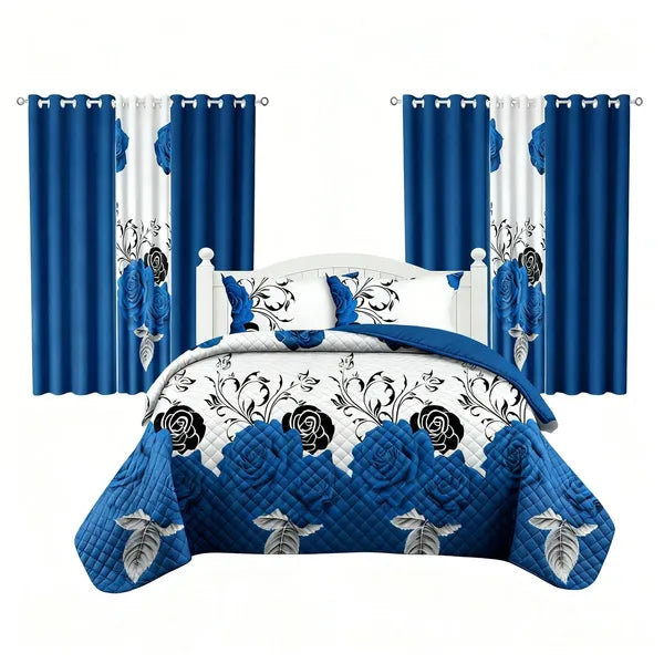 9 Piece Blue Rose Floral Bedspread Curtain Set Queen King Cal King Bedding