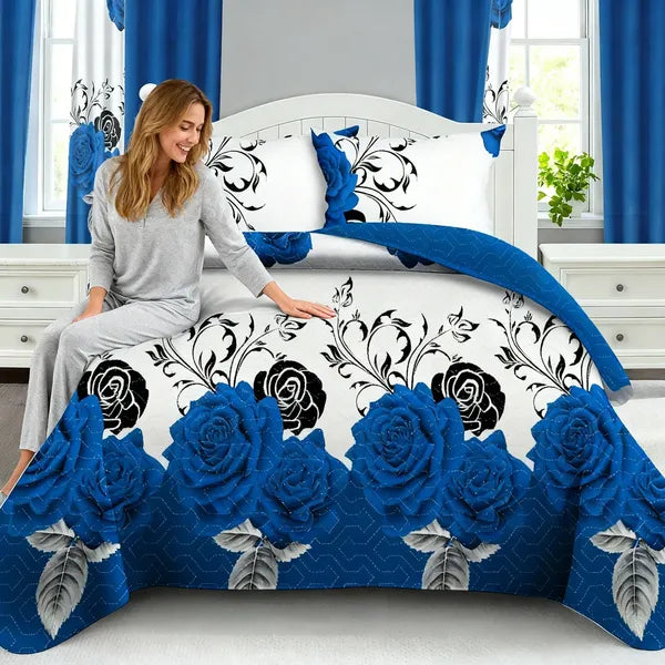 9 Piece Blue Rose Floral Bedspread Curtain Set Queen King Cal King Bedding