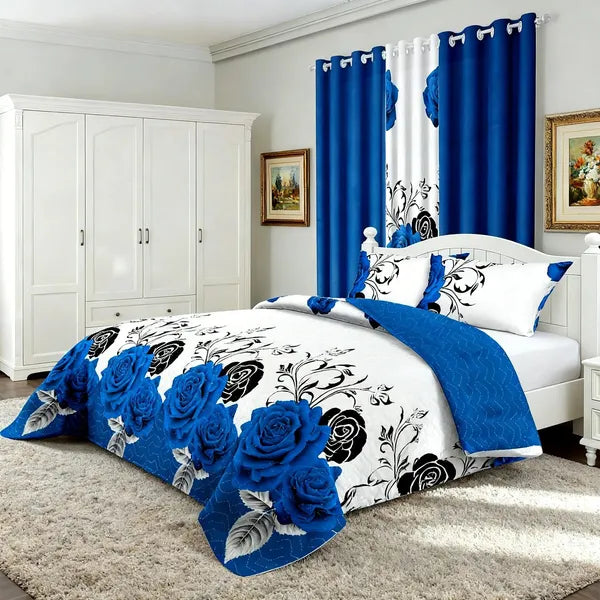 9 Piece Blue Rose Floral Bedspread Curtain Set Queen King Cal King Bedding