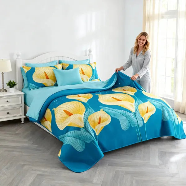 9 Piece Bed in a Bag Set Calla Lily Floral Bedspread Curtains Cal King Size