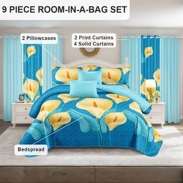 9 Piece Bed in a Bag Set Calla Lily Floral Bedspread Curtains Cal King Size