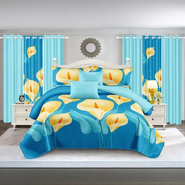 9 Piece Bed in a Bag Set Calla Lily Floral Bedspread Curtains Cal King Size