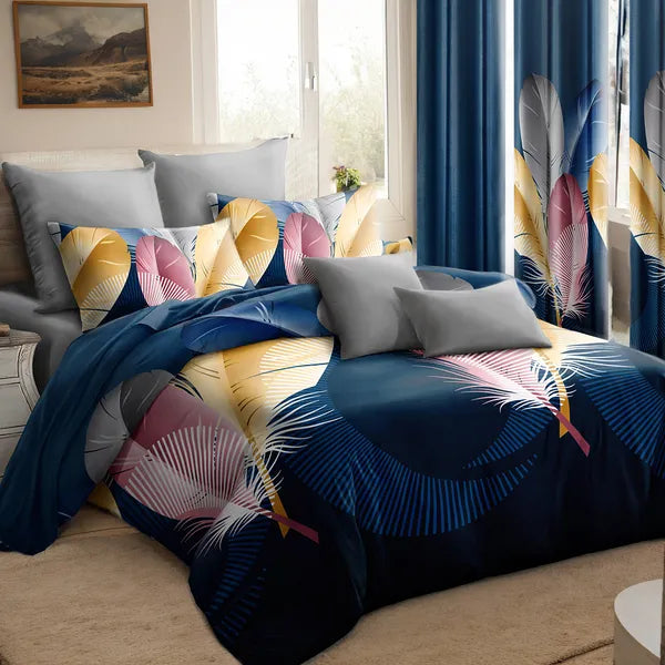 9 Piece Blue Feather Print Bedspread Curtain Set Queen King Cal King Bedding