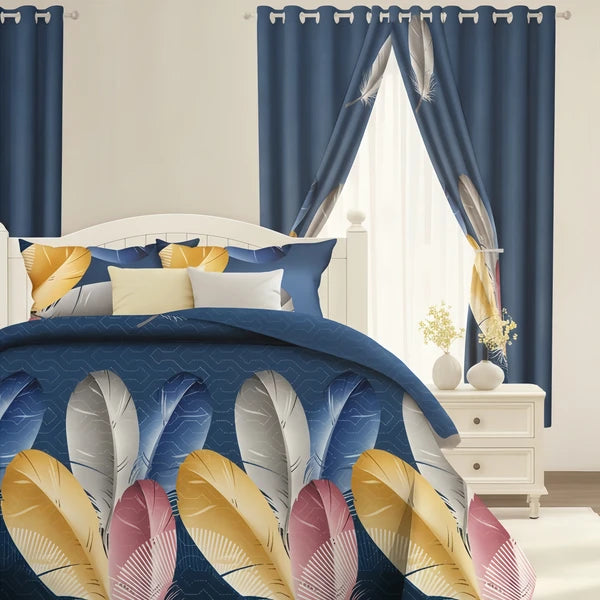 9 Piece Blue Feather Print Bedspread Curtain Set Queen King Cal King Bedding