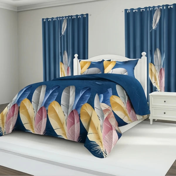 9 Piece Blue Feather Print Bedspread Curtain Set Queen King Cal King Bedding
