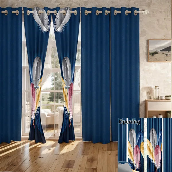 9 Piece Blue Feather Print Bedspread Curtain Set Queen King Cal King Bedding