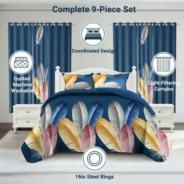 9 Piece Blue Feather Print Bedspread Curtain Set Queen King Cal King Bedding