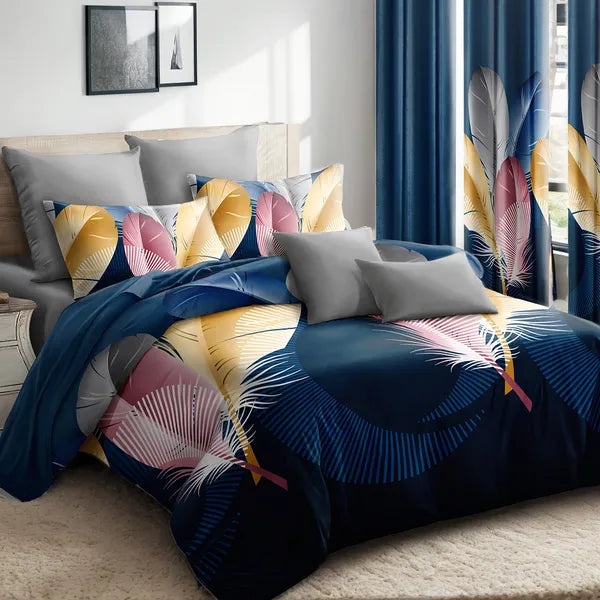 9 Piece Blue Feather Print Bedspread Curtain Set Queen King Cal King Bedding