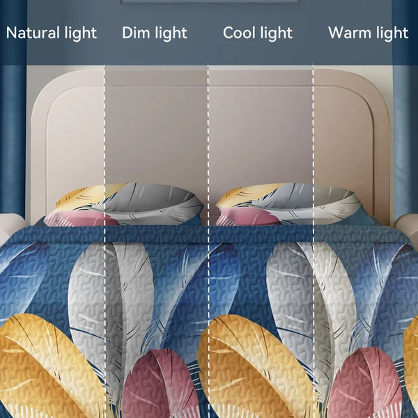 9 Piece Blue Feather Print Bedspread Curtain Set Queen King Cal King Bedding