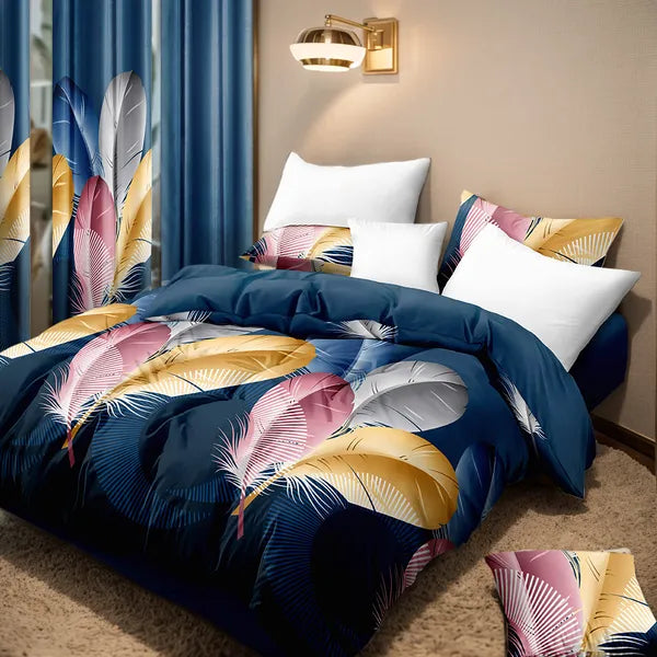 9 Piece Blue Feather Print Bedspread Curtain Set Queen King Cal King Bedding