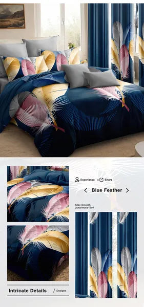 9 Piece Blue Feather Print Bedspread Curtain Set Queen King Cal King Bedding
