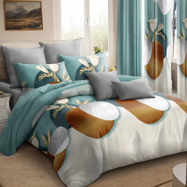 9 Piece Modern Floral Vase Bedspread Curtain Set Queen King Cal King Bedding