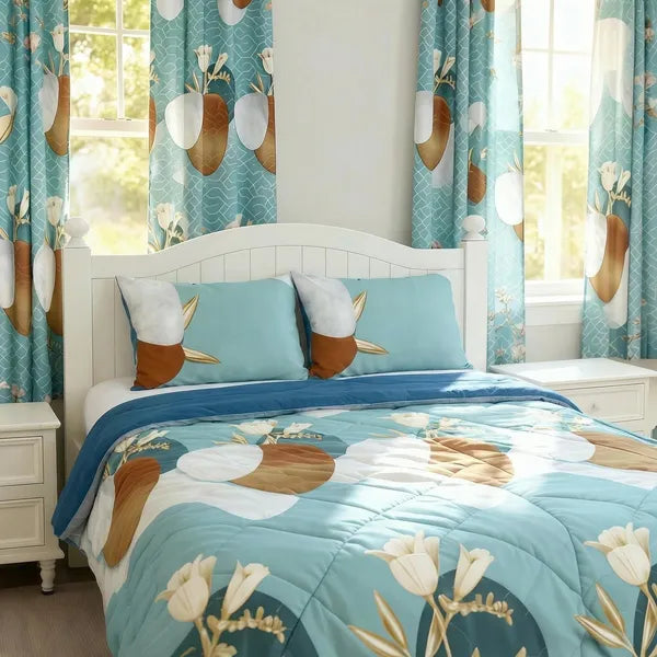 9 Piece Modern Floral Vase Bedspread Curtain Set Queen King Cal King Bedding