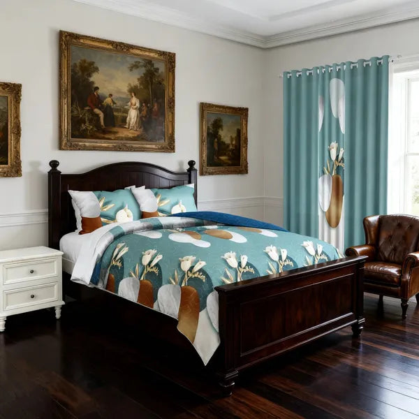 9 Piece Modern Floral Vase Bedspread Curtain Set Queen King Cal King Bedding