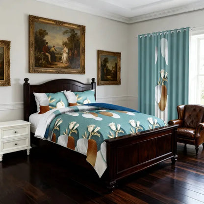 9 Piece Modern Floral Vase Bedspread Curtain Set Queen King Cal King Bedding