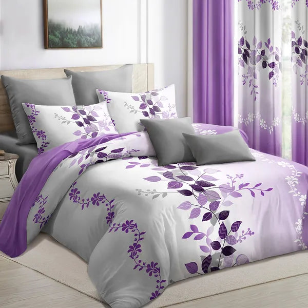 9 Piece Purple Vine Print Bedspread Curtain Set Queen King Cal King Bedding