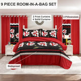 9 Piece Bed in a Bag Set Red Black Floral Bedspread Curtains King Cal King