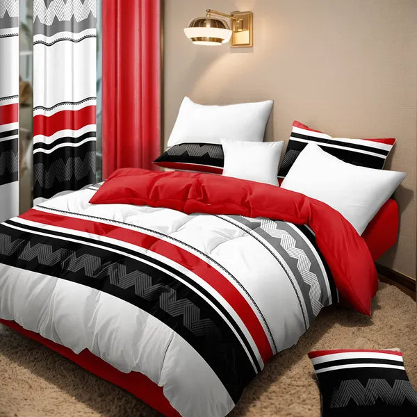 9 Piece Red Geometric Zigzag Bedspread Curtain Set Queen King Cal King Bedding